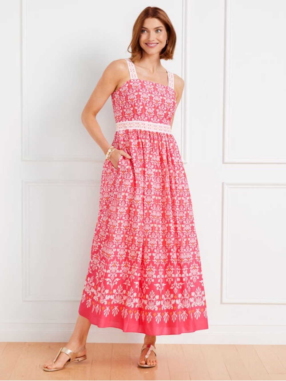 Talbots Voile Maxi Dress Womens Size 8 Coral Pink Cotton Block Print Pockets